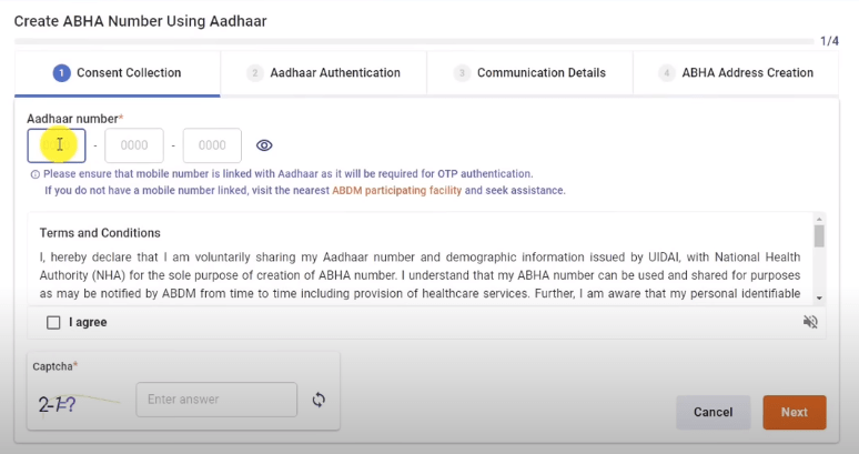 Step 3. Verify by entering Aadhaar number and enter capture and click on Next button.